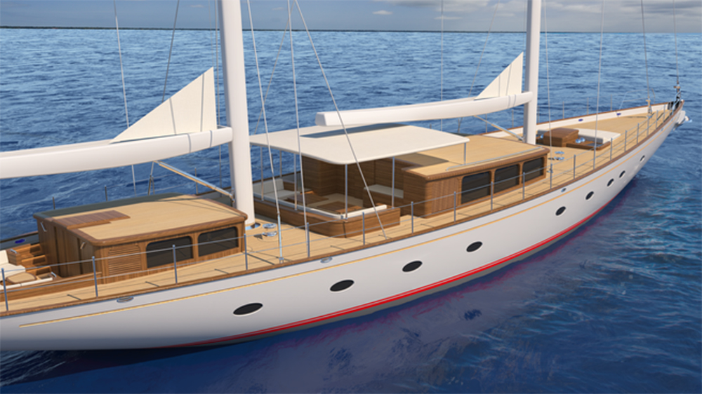 Side profile of custom yacht ARK 401 on the water