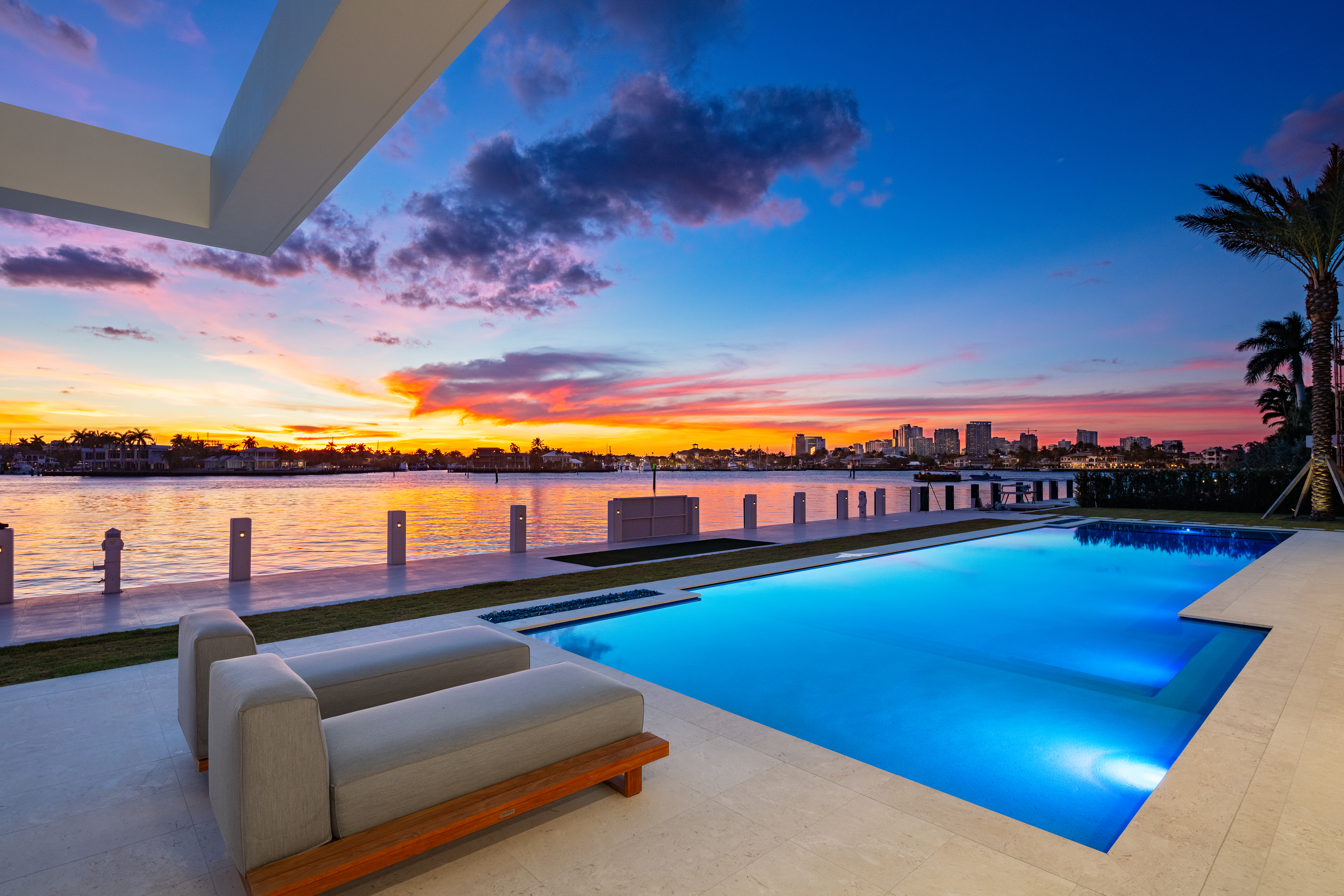 Pool at sunset of Compass listing 2412 Laguna Drive in Fort Lauderdale