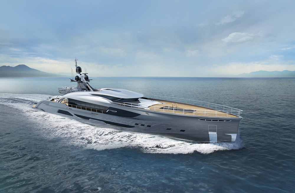 Side profile of concept yacht VENOM on the water